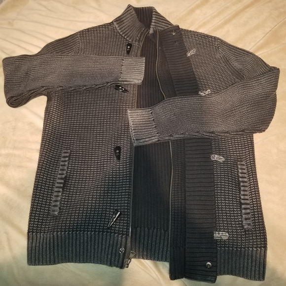 Men's zip up and and fancy button sweater jacket.. Dark gray/Black by Express - Picture 3 of 3